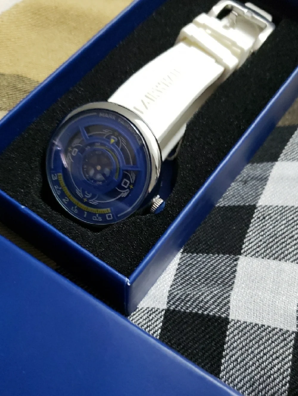 MARK FAIRWHALE Men's Personality Blue Dial Casual Sports Hollow Out White Strap